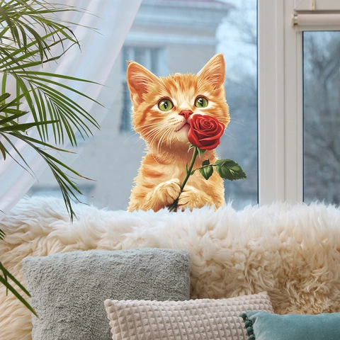 Cute Orange Cat Holding Red Rose 3D Window Sticker PVC Decorative Decal For Glass Window Home Decor Wall Sticker