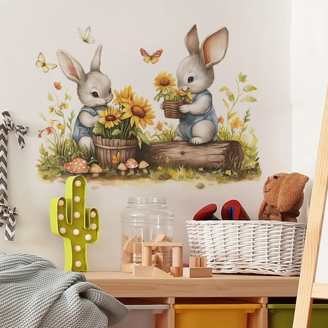 Autocollants Muraux Aquarelle Lapin Tournesol Papillon Pour Chambre d'Enfant Chambre Décoratif PVC Auto-Adhésif Décalcomanies Murales