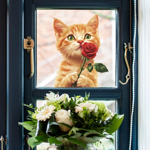 Cute Orange Cat Holding Red Rose 3D Window Sticker PVC Decorative Decal For Glass Window Home Decor Wall Sticker