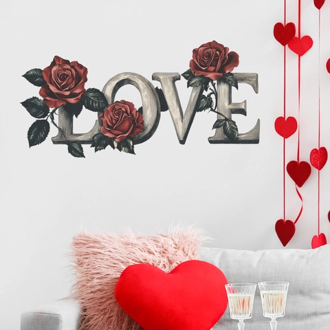 Pegatina de Pared de PVC Love Rose Vintage Letras Florales Retro Calcomanía Autoadhesiva para Sala de Estar Dormitorio fun-b92