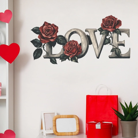 Pegatina de Pared de PVC Love Rose Vintage Letras Florales Retro Calcomanía Autoadhesiva para Sala de Estar Dormitorio fun-b92