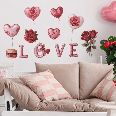 Valentine Pink Rose Heart Wall Stickers PVC Love Letter Removable Wall Decal For Living Room Bedroom Home Decor