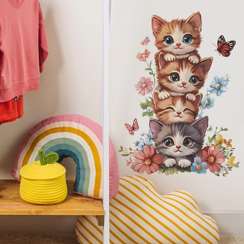 Cartoon Katzen Gestapelt Schmetterlinge Blumen Wandtattoo Für Kinderzimmer Schlafzimmer Wohnzimmer PVC Selbstklebende Dekorative Wandaufkleber