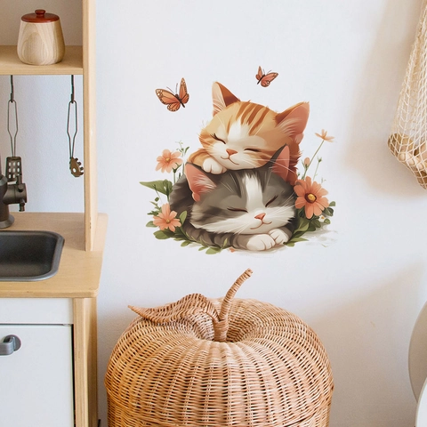 Linda Pegatina de Pared de PVC de Gatitos Durmiendo de Dibujos Animados para Decoración de Dormitorio Sala de Estar Gato Flores Mariposa