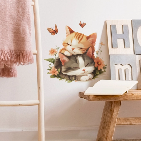 Linda Pegatina de Pared de PVC de Gatitos Durmiendo de Dibujos Animados para Decoración de Dormitorio Sala de Estar Gato Flores Mariposa