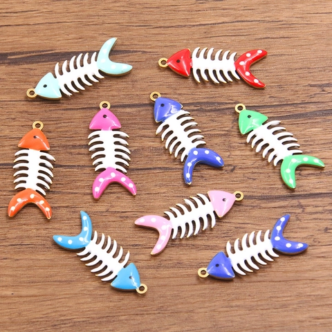 Stainless Steel Gold Plated Enamel Fish Bone Charms For DIY Jewelry Making Double Sided Animal Pendants Findings