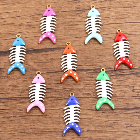Stainless Steel Gold Plated Enamel Fish Bone Charms For DIY Jewelry Making Double Sided Animal Pendants Findings