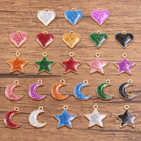 DIY Alloy Enamel Glitter Heart Star Moon Pendants For Jewelry Making Mixed Color Bracelet Necklace Earring Craft Charms