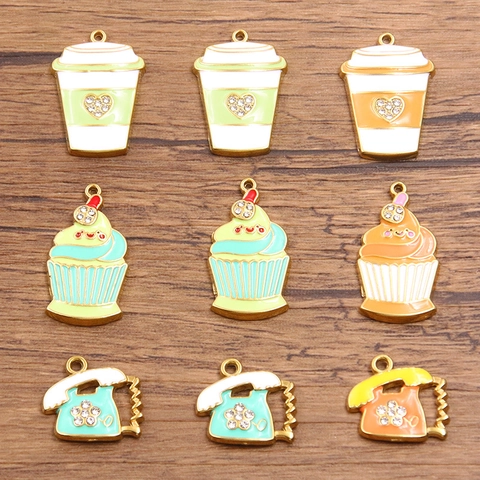 Stainless Steel Gold Plated Enamel Ice Cream Cup Phone Charms DIY Jewelry Making Findings Heart Rhinestone Pendants
