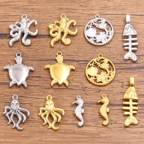 304 Stainless Steel Marine Animal Pendants Octopus Seahorse Sea Turtle Fish Bone Charms For Jewelry Making DIY Accessories