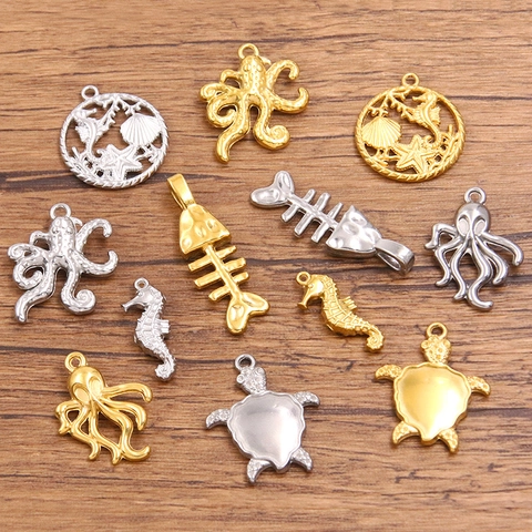 304 Stainless Steel Marine Animal Pendants Octopus Seahorse Sea Turtle Fish Bone Charms For Jewelry Making DIY Accessories