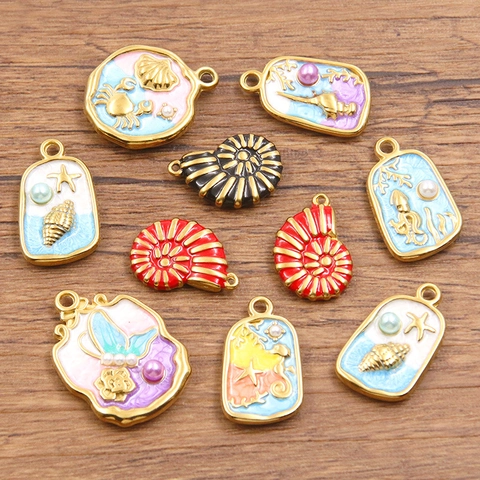 Stainless Steel Sea Animal Charms For Jewelry Making Enamel Shell Seahorse Starfish Pendants With Artificial Pearl Gold