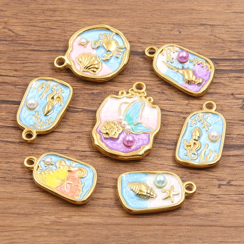Stainless Steel Sea Animal Charms For Jewelry Making Enamel Shell Seahorse Starfish Pendants With Artificial Pearl Gold