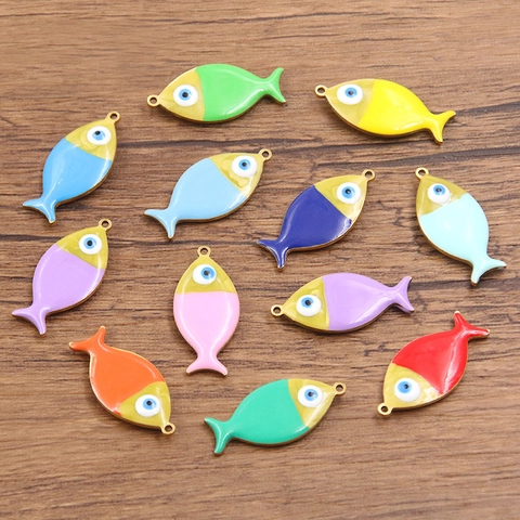 Stainless Steel Gold Plated Fish Shape Evil Eye Charms For Jewelry Making Double Sided Enamel Animal Pendants For DIY Necklace Bracelet