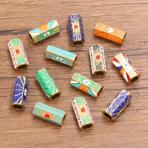 Stainless Steel Evil Eye Heart Beads For Jewelry Making DIY Amour Letter Spacer Beads Colorful Enamel Cylinder Charms For Necklace Bracelet Crafting Accessories