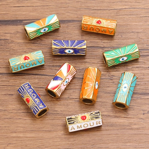 Stainless Steel Evil Eye Heart Beads For Jewelry Making DIY Amour Letter Spacer Beads Colorful Enamel Cylinder Charms For Necklace Bracelet Crafting Accessories