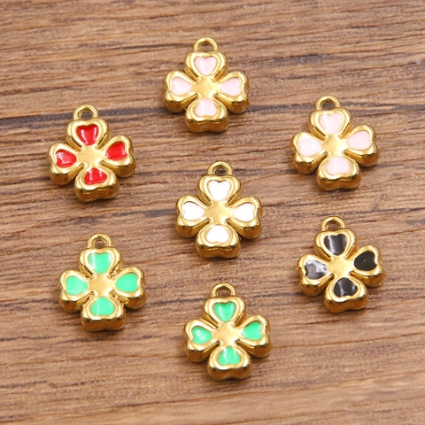 Edelstahl Klee Blume Anhänger Charms Doppelseitig Emaille Vergoldet DIY Schmuckherstellung Zubehör Für Halskette Armband