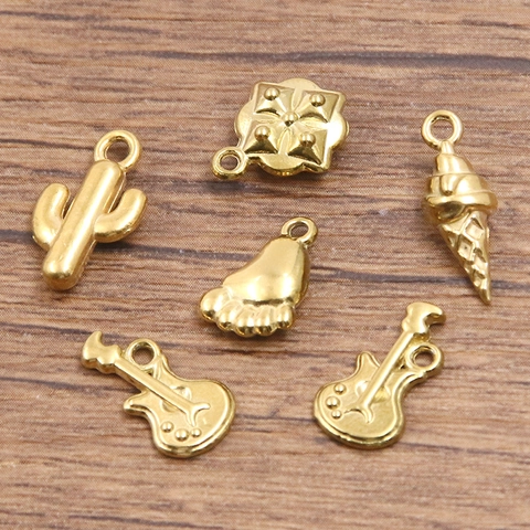 304 Stainless Steel DIY Pendant Charms For Jewelry Making Cactus Guitar Ice Cream Footprint Shape Electroplated Small Charms