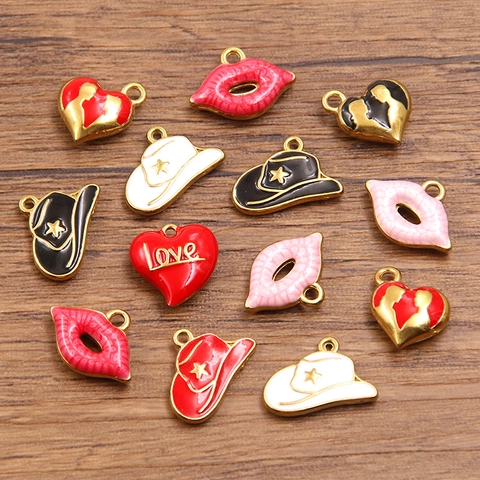 304 Stainless Steel Enamel Pendants Heart Lips Cowboy Hat Shape Charms For Valentine's Day Gold Plated DIY Jewelry Making Pendants