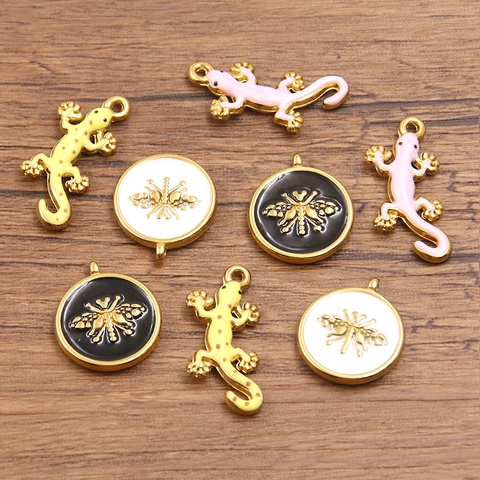 Roestvrij Stalen Gouden Vacuüm Plating Emaille Dier Hanger Gekko Bij Insect Charms Voor DIY Sieraden Maken Kettingen Accessoires