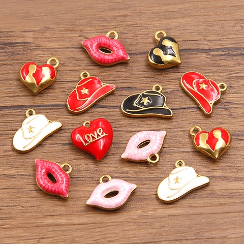 304 Stainless Steel Enamel Pendants Heart Lips Cowboy Hat Shape Charms For Valentine's Day Gold Plated DIY Jewelry Making Pendants