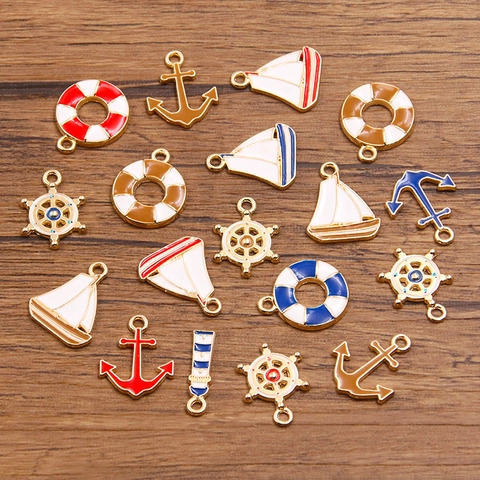 Alloy Nautical Marine Charms Enamel Sailboat Anchor Lifebuoy Helm Lighthouse Pendants For DIY Jewelry Making Pendants Only
