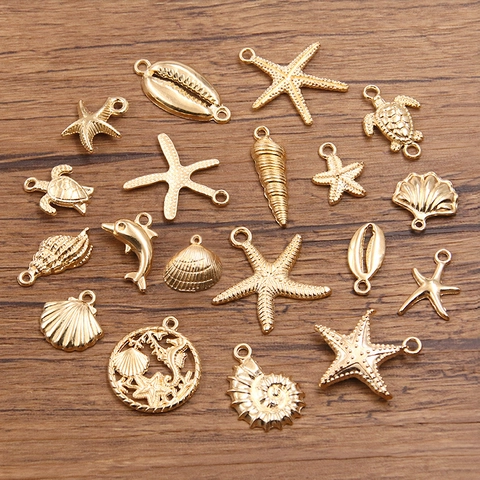 Dijes de Aleación DIY Criaturas Marinas Estrella de Mar Tortuga Concha Delfín Colgantes para Joyería Accesorios Dorados