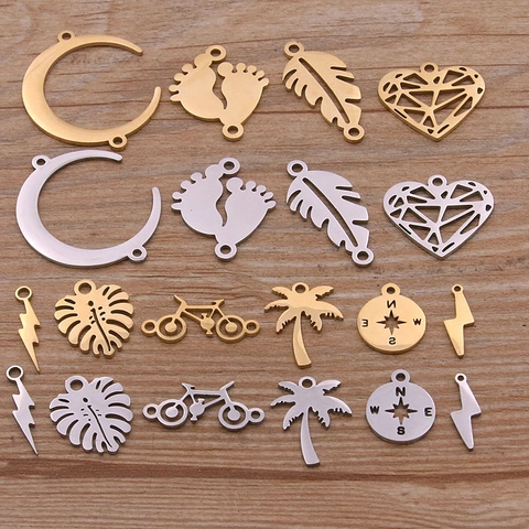 Stainless Steel Pendants Gold Silver Moon Heart Tree Lightning Compass Baby Footprint DIY Jewelry Making Connectors Accessories