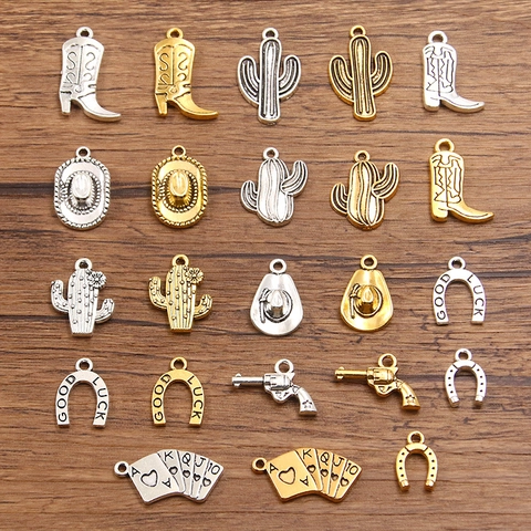 Retro Western Cowboy Alloy Pendants For DIY Jewelry Making Cactus Boots Hat Horseshoe Pistol Playing Cards Charms For Necklaces