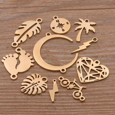 Stainless Steel Pendants Gold Silver Moon Heart Tree Lightning Compass Baby Footprint DIY Jewelry Making Connectors Accessories