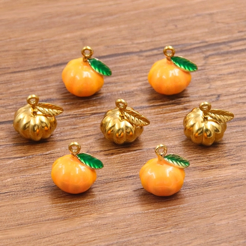 Halloween Stainless Steel Pumpkin Pendant For DIY Jewelry Making Orange Enamel Gold Plated Plant Charm Autumn Accessory