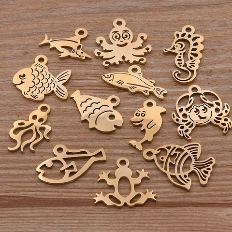 Stainless Steel Marine Life Pendants Animal Charms For DIY Jewelry Making Gold Silver Octopus Crab Seahorse Fish Findings