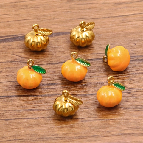 Halloween Stainless Steel Pumpkin Pendant For DIY Jewelry Making Orange Enamel Gold Plated Plant Charm Autumn Accessory