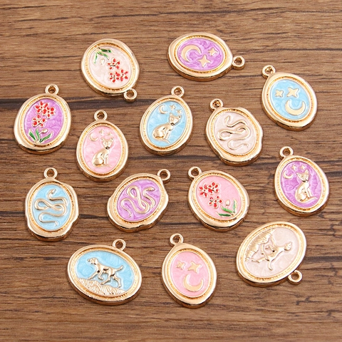 Alloy Enamel Oval Pendants DIY Jewelry Making Charms Cat Dog Snake Flower Moon Pattern Gold Tone Craft Accessories