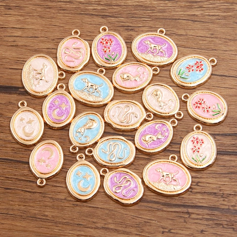 Alloy Enamel Oval Pendants DIY Jewelry Making Charms Cat Dog Snake Flower Moon Pattern Gold Tone Craft Accessories