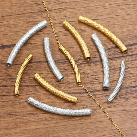 Stainless Steel Curved Tube Beads Noodle Spacer Beads With Twill Embossed DIY Jewelry Making Materials For Bracelet Necklace