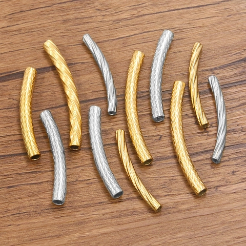 Stainless Steel Curved Tube Beads Noodle Spacer Beads With Twill Embossed DIY Jewelry Making Materials For Bracelet Necklace