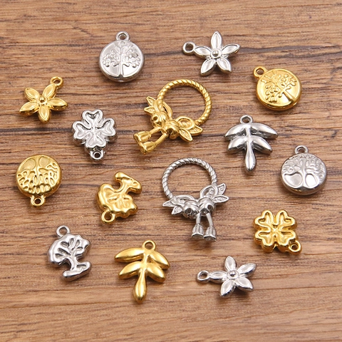 Pendentifs de Charmes de Bijoux de Bricolage en Acier Inoxydable 304 Fleur Feuille Arbre de Vie Trèfle pour Collier Bracelet