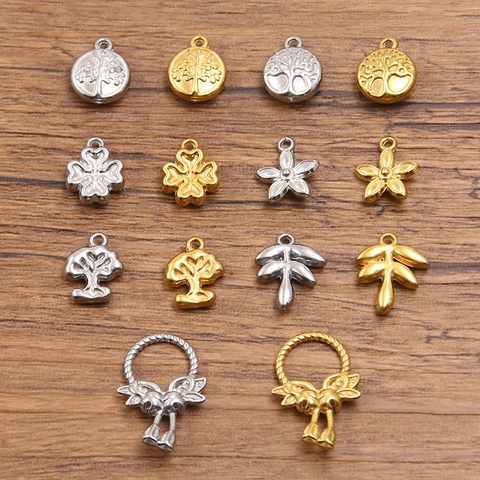 Pendentifs de Charmes de Bijoux de Bricolage en Acier Inoxydable 304 Fleur Feuille Arbre de Vie Trèfle pour Collier Bracelet