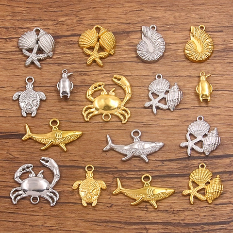 304 Stainless Steel Marine Animal Charms Ocean Theme Crab Shark Turtle Conch Penguin Shell Pendants For DIY Jewelry Making Accessories