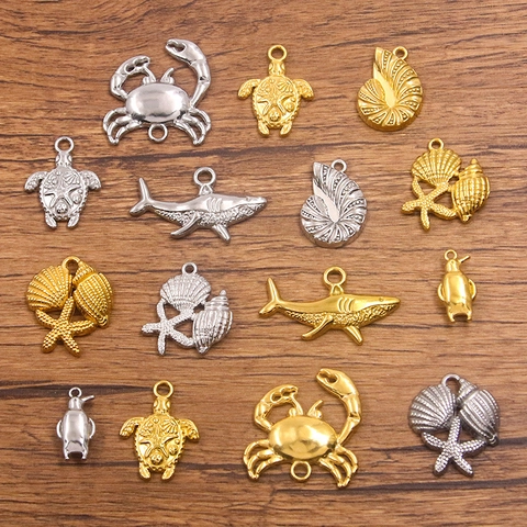 304 Stainless Steel Marine Animal Charms Ocean Theme Crab Shark Turtle Conch Penguin Shell Pendants For DIY Jewelry Making Accessories