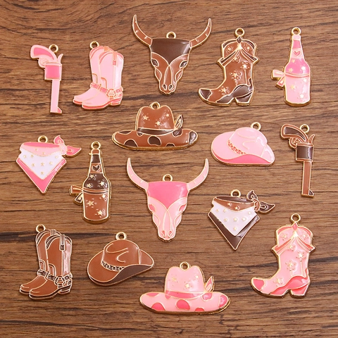 Alloy Western Cowboy Theme Enamel Charms For DIY Jewelry Making Bull Head Hat Boots Bottle Pendant Accessory