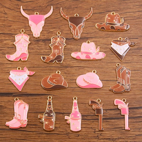 Alloy Western Cowboy Theme Enamel Charms For DIY Jewelry Making Bull Head Hat Boots Bottle Pendant Accessory