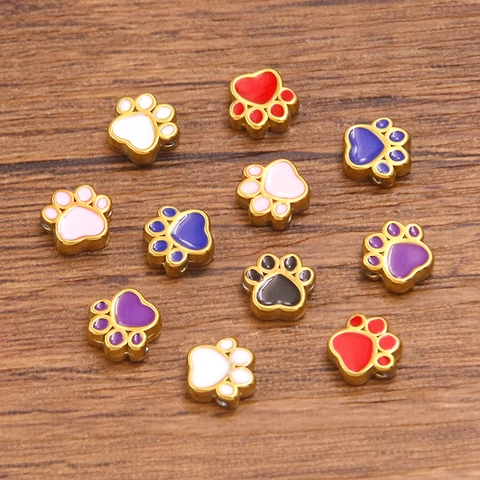 Stainless Steel Enamel Dog Paw Beads Double Sided Animal Footprint Charms For DIY Jewelry Making Accessories Gold Plated