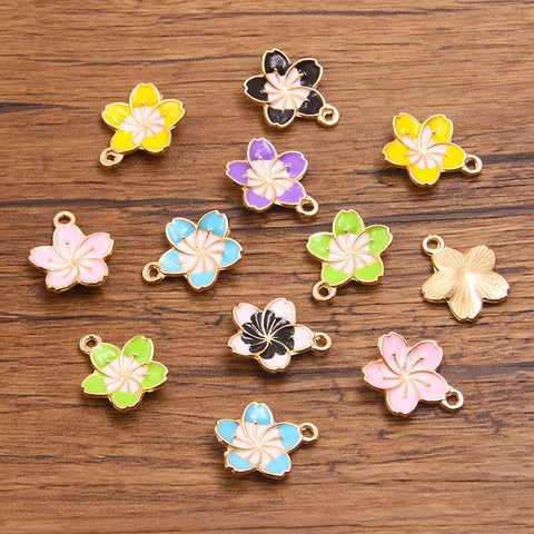 DIY Alloy Enamel Sakura Flower Pendants For Jewelry Making Gold Plated Cherry Blossom Charms Handcraft Accessories Women