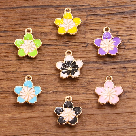 DIY Alloy Enamel Sakura Flower Pendants For Jewelry Making Gold Plated Cherry Blossom Charms Handcraft Accessories Women