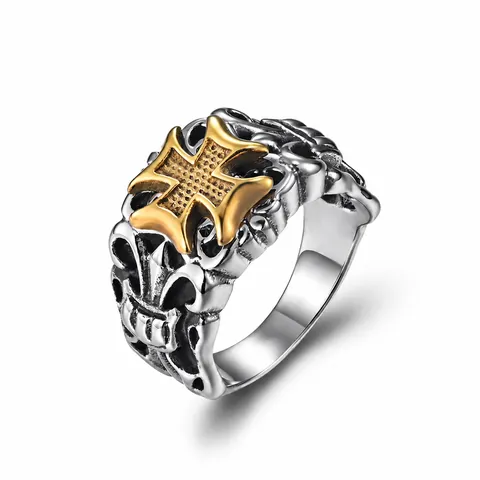 Men's Vintage Stainless Steel Cross Signet Ring Gothic Relief Iron Cross Gold Silver Tone Band Ring Punk Biker Jewelry