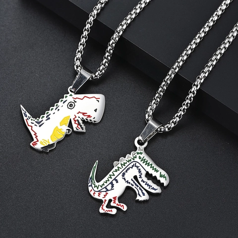 Hip Hop Titanium Steel Cartoon Dinosaur Pendant Necklace Trendy Colorful Enamel Doodle Jewelry For Men Teenagers School Accessory