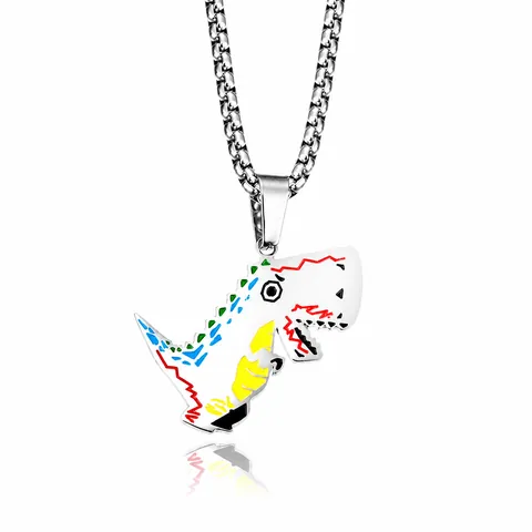 Hip Hop Titanium Steel Cartoon Dinosaur Pendant Necklace Trendy Colorful Enamel Doodle Jewelry For Men Teenagers School Accessory
