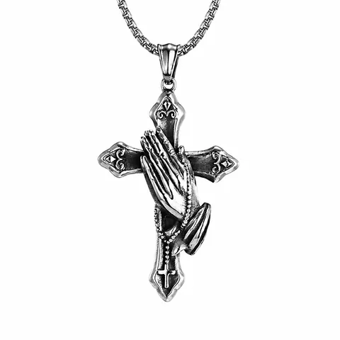 Vintage Stainless Steel Praying Hands Cross Pendant Necklace For Men Religious Jewelry Retro Rosary Beads Charm Necklaces